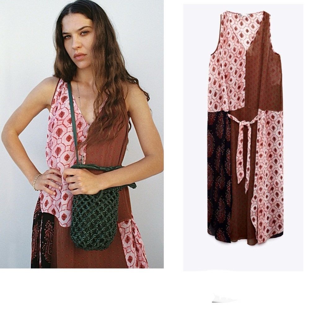 Zara Translucent Mixed Print Midi Dress with Slip (M)